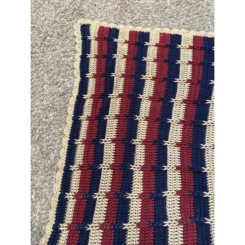 handmade crochet afghan / throw blanket 48x42 Blue Red Cream